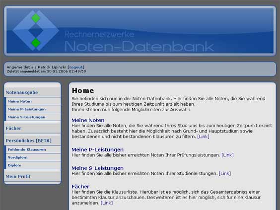 Internet-Projekte: Screenshot der Hauptseite der Studentenansicht nach Login
